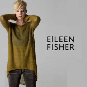 Eileen Fisher Italian Mohair Gauze Knit High Low Sweater Small Olive Blend